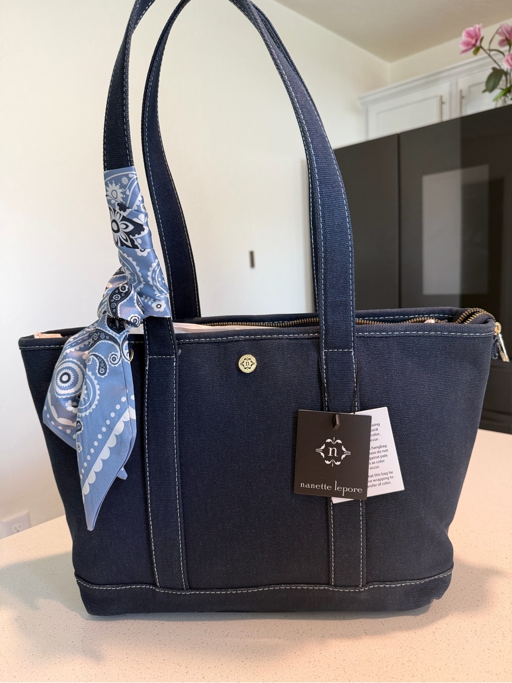 Nanette Lepore Navy Canvas Tote Bag with Scarf